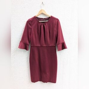 J Crew Ponte Sheath Stretch Bell Sleeve Wine Red Career Dress Women's Size 4